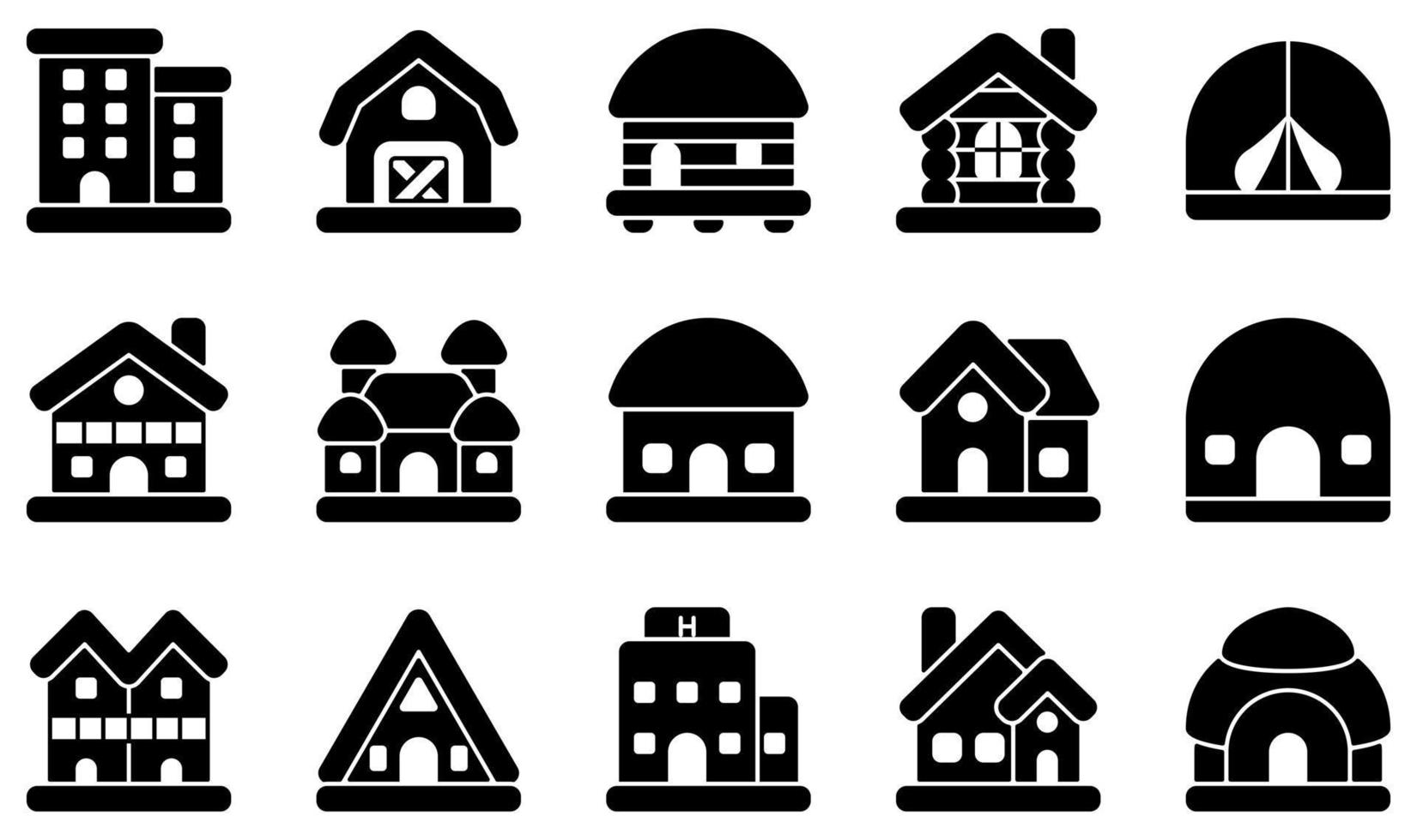 set van vector iconen gerelateerd aan type huizen. bevat iconen als appartement, schuur, bungalow, hut, chalet, kasteel en meer.