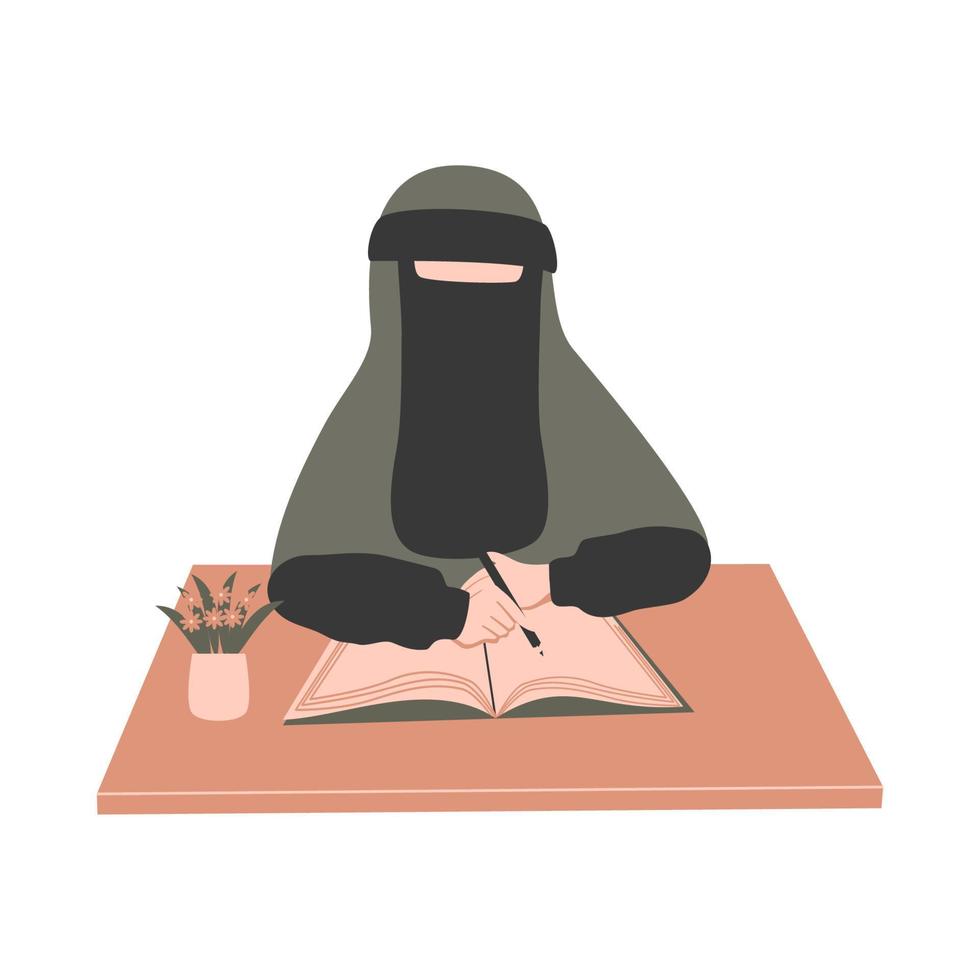 muslimah niqabis met pen en boekstudie vector