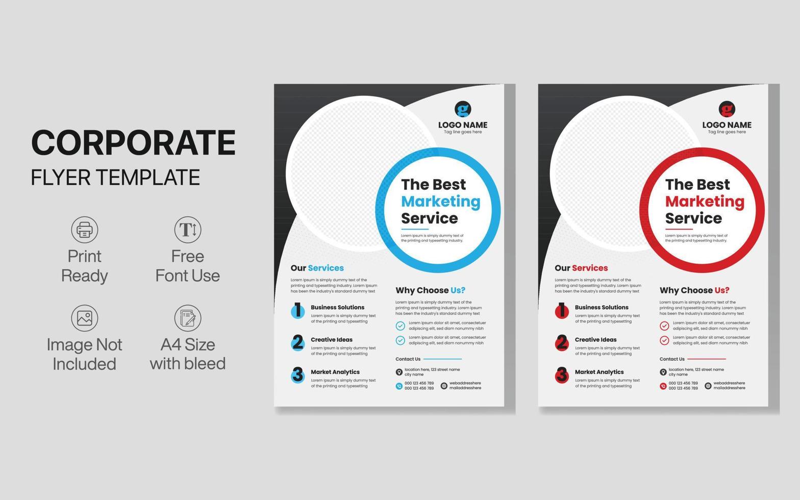 zakelijke flyer ontwerpsjabloon, professioneel flyerontwerp, rode en blauwe marketingfolder, a4-pagina vector