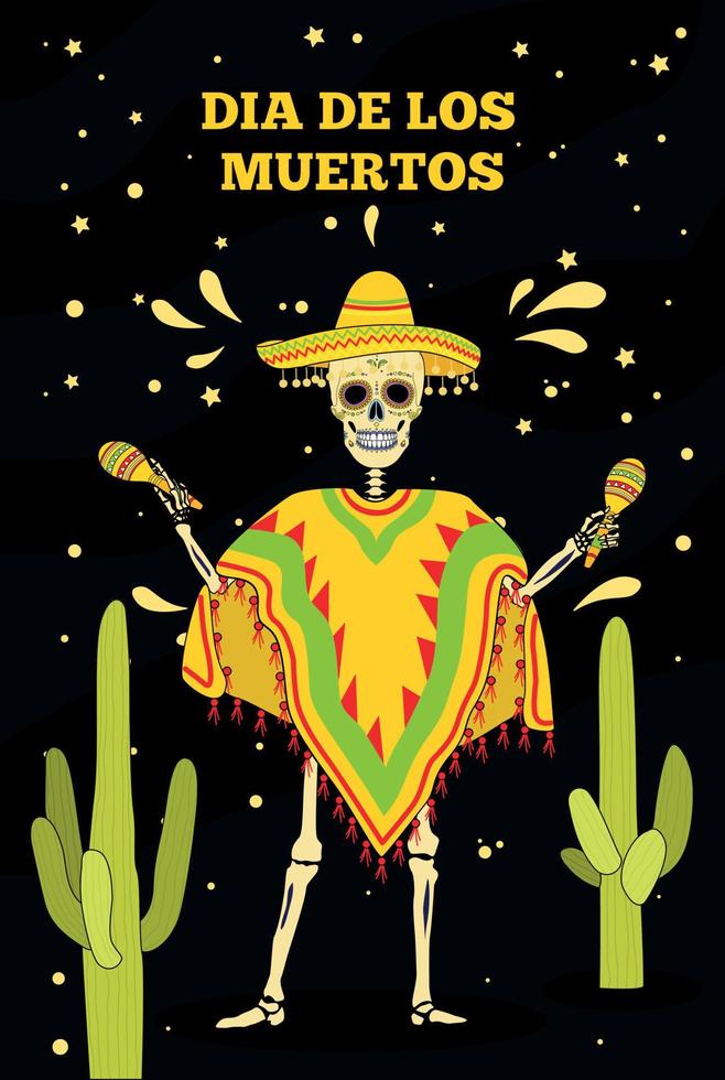 dag van de dood, dia de los moertos, banier met kleurrijk Mexicaans bloemen. vector skelet schedel in sombrero. glimlachen suiker feestelijk schedel. poncho, maracas. Mexico