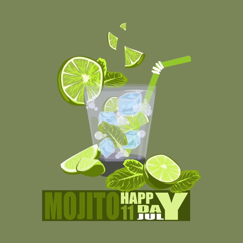 nationaal mojito dag juli11 poster. glas van mojito met limoen, munt, ijs vector ontwerp.
