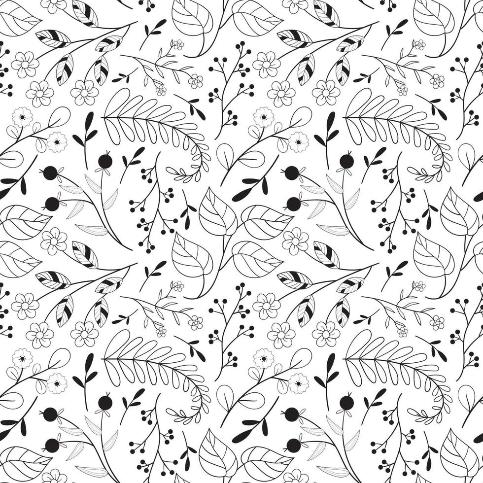 bloemen naadloos patroon in zwart en wit lijn stijl. tekening bloemen textiel afdrukken. wijnoogst natuur grafisch. BES, bloemen en gebladerte motief vector