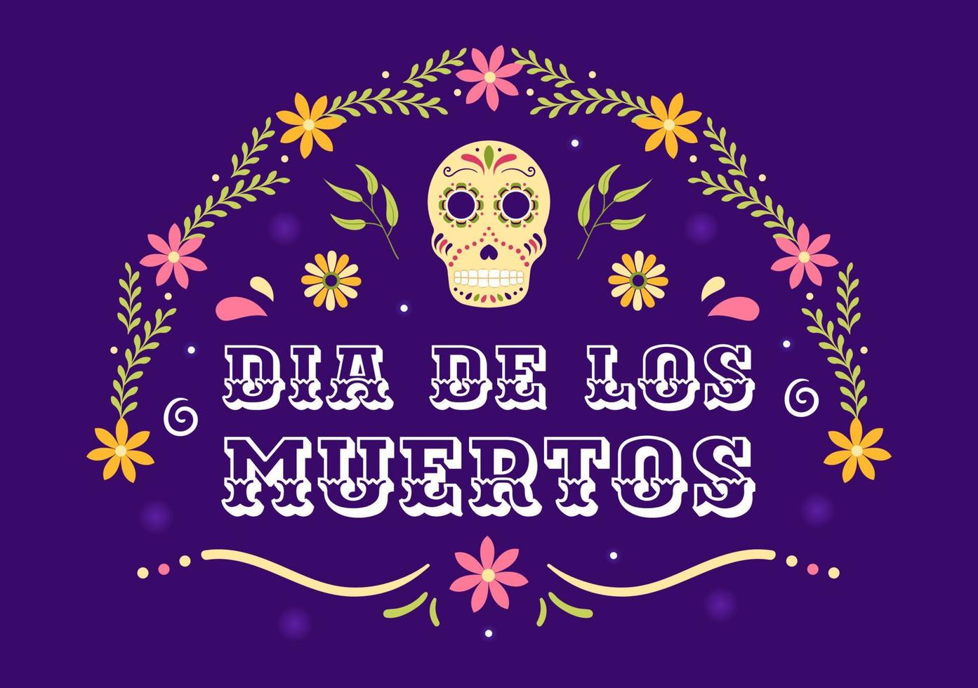 dia de los Muertos of dag van de dood sjabloon hand- getrokken tekenfilm vlak illustratie Mexicaans vakantie festival met tatoeëren schedels, maracas en sombrero vector