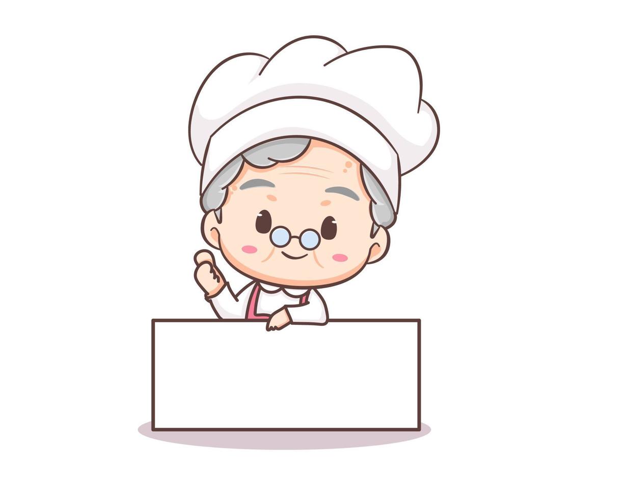 schattig grootmoeder chef tekenfilm. grootmoeder Koken logo vector kunst. mensen voedsel icoon concept. restaurant en eigengemaakt culinaire logo