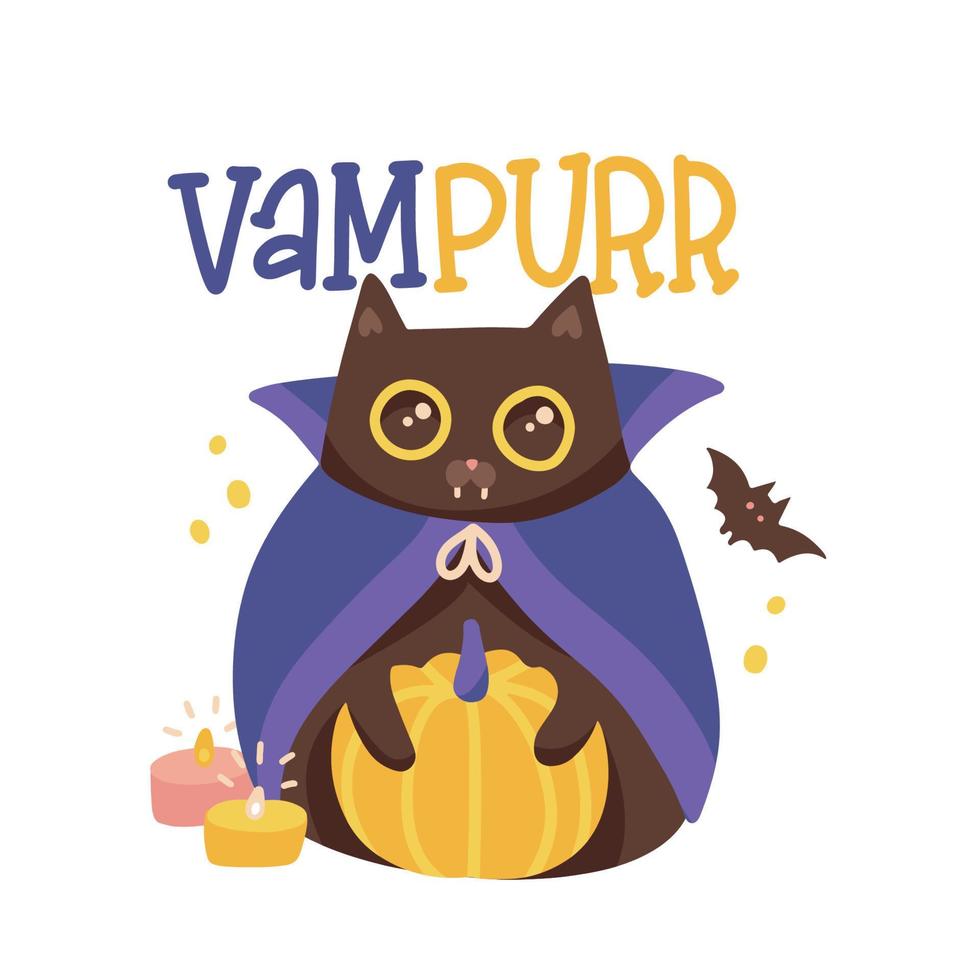 gelukkig halloween sticker met belettering vampier - grappig citaat ontwerp met schattig vampier tanden zwart kat. katje concept voor afdrukken. aanbiddelijk kat poster voor t shirt, geschenk, mok. vlak vector illustratie.