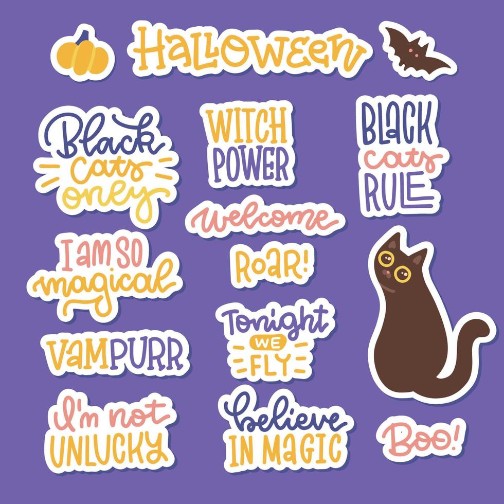 letering citaten halloween stickers set. modieus halloween gezegden, citaten voor zwart kat slogans ontwerp. spookachtig afdrukbare sjabloon. vector vlak hand- getrokken illustratie met grappig zinnen