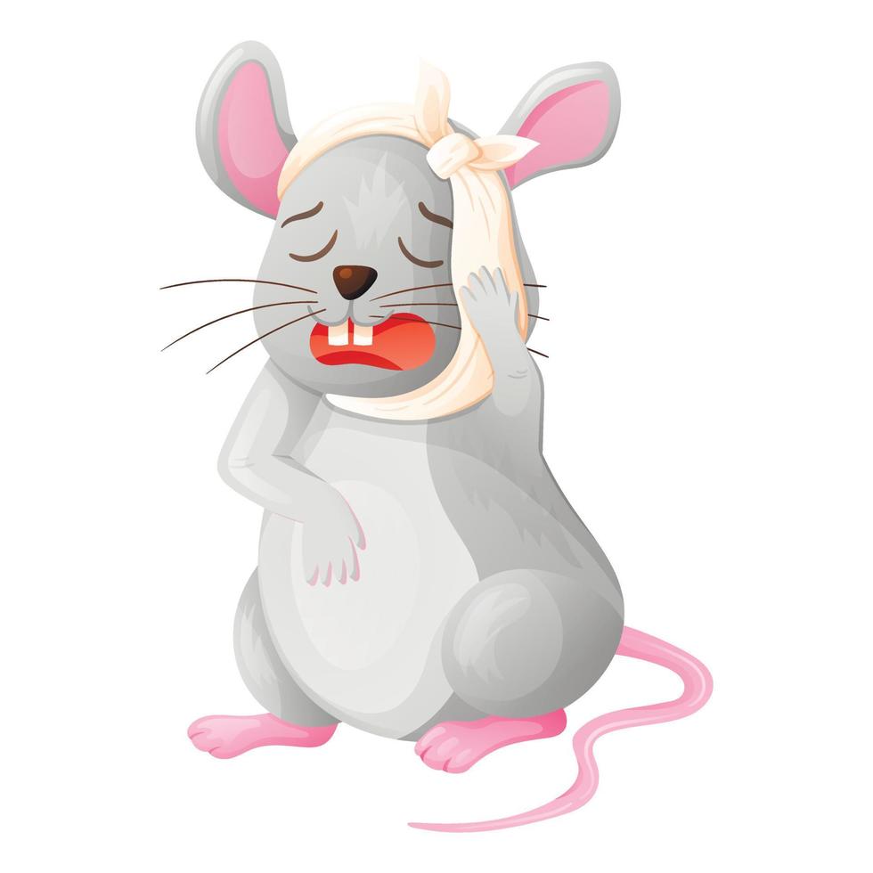 tekenfilm baby dier vector illustratie. een verdrietig huilen muis met een verband Aan haar hoofd lijdt van een pijn in een tand.