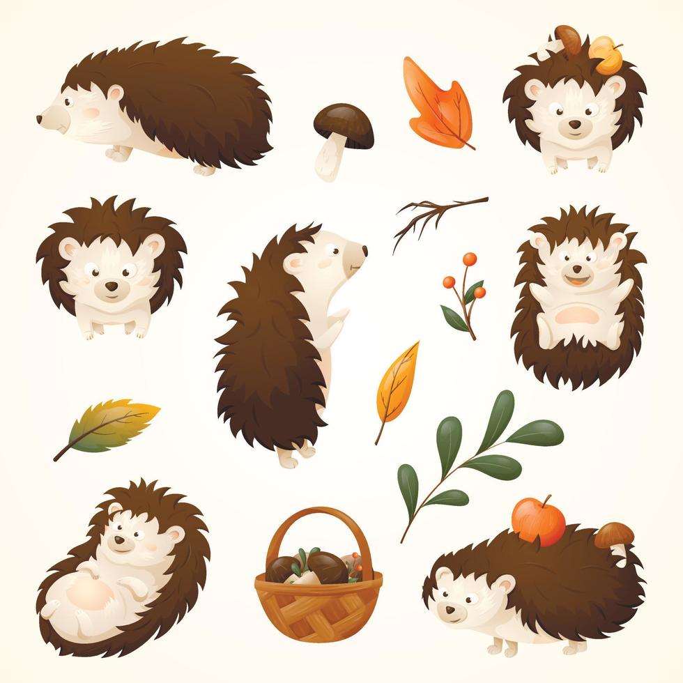 reeks van vector geïsoleerd tekenfilm afbeeldingen van baby egel. Woud dier, herfst gedaald bladeren, takken en bessen, mand met champignons.