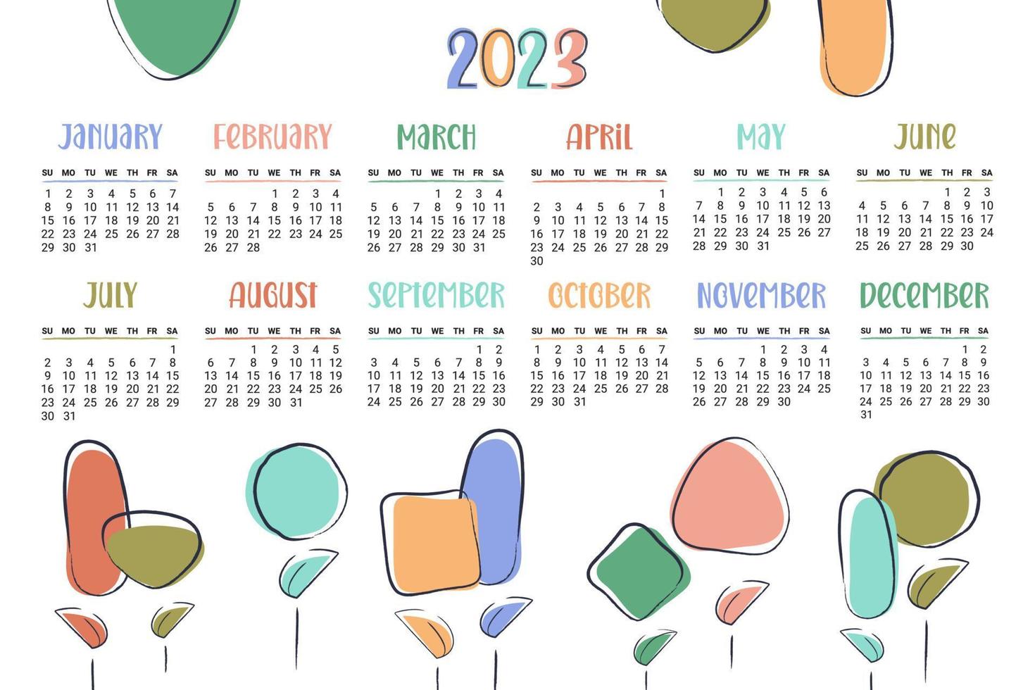 kalender 2023. horizontaal modern maandelijks ontwerper met abstract bloemen, planten. week begint Aan zondag. organisator sjabloon.vector vlak illustratie voor afdrukken vector