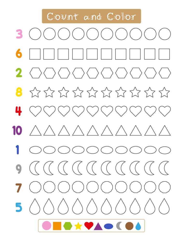 tellen en kleur werkblad voor kinderen. getallen 1 naar 10. tellen praktijk voor kleuter en peuter- leerzaam. leerzaam spel voor kinderen vector