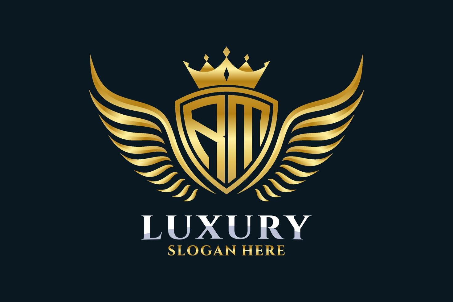 luxe Koninklijk vleugel brief rm kam goud kleur logo vector, zege logo, kam logo, vleugel logo, vector logo sjabloon.