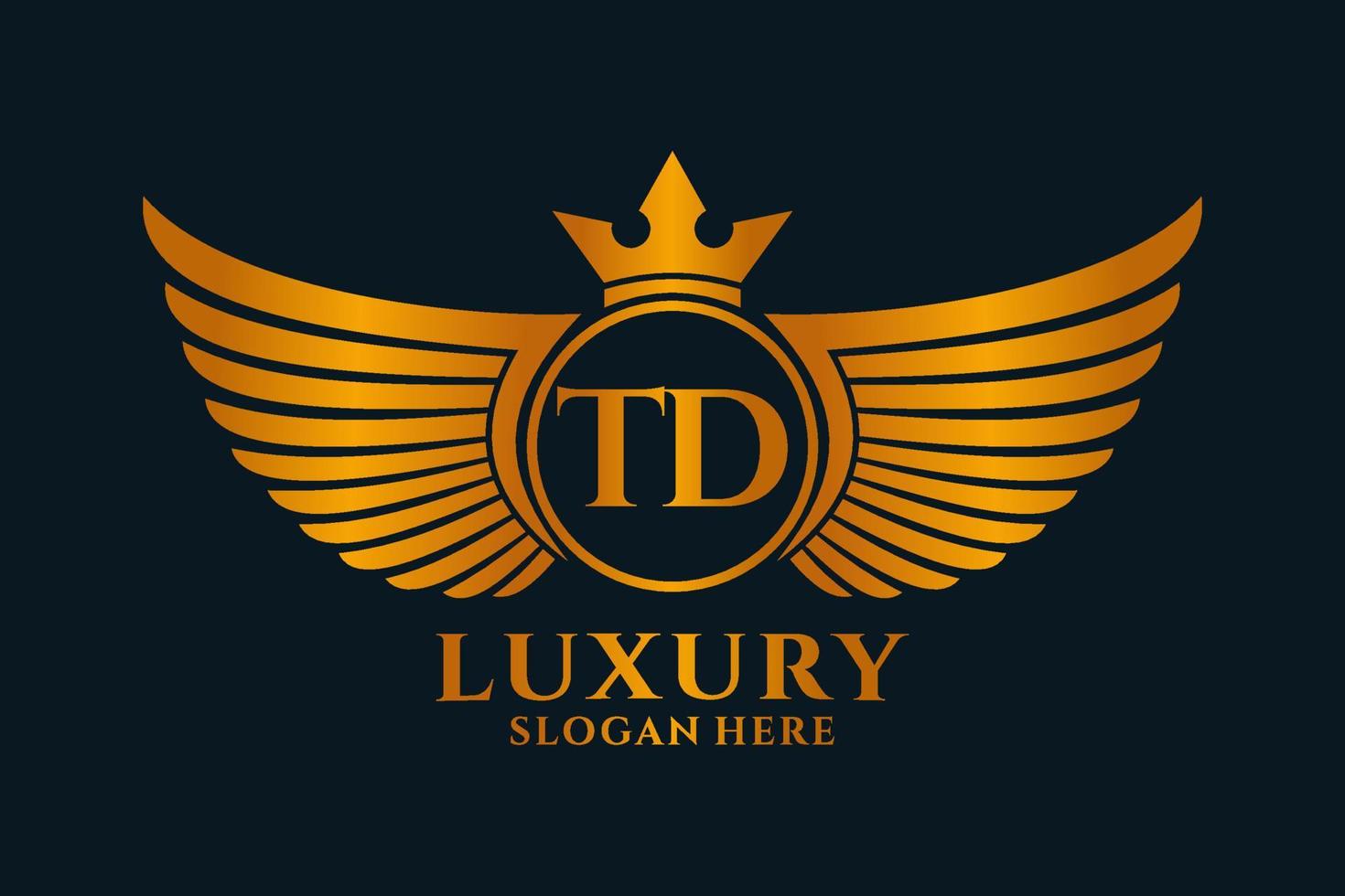 luxe Koninklijk vleugel brief td kam goud kleur logo vector, zege logo, kam logo, vleugel logo, vector logo sjabloon.