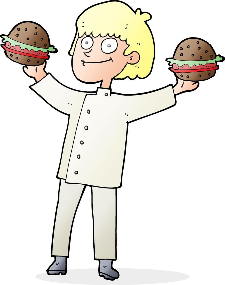 uit de vrije hand getrokken tekenfilm chef met hamburgers vector