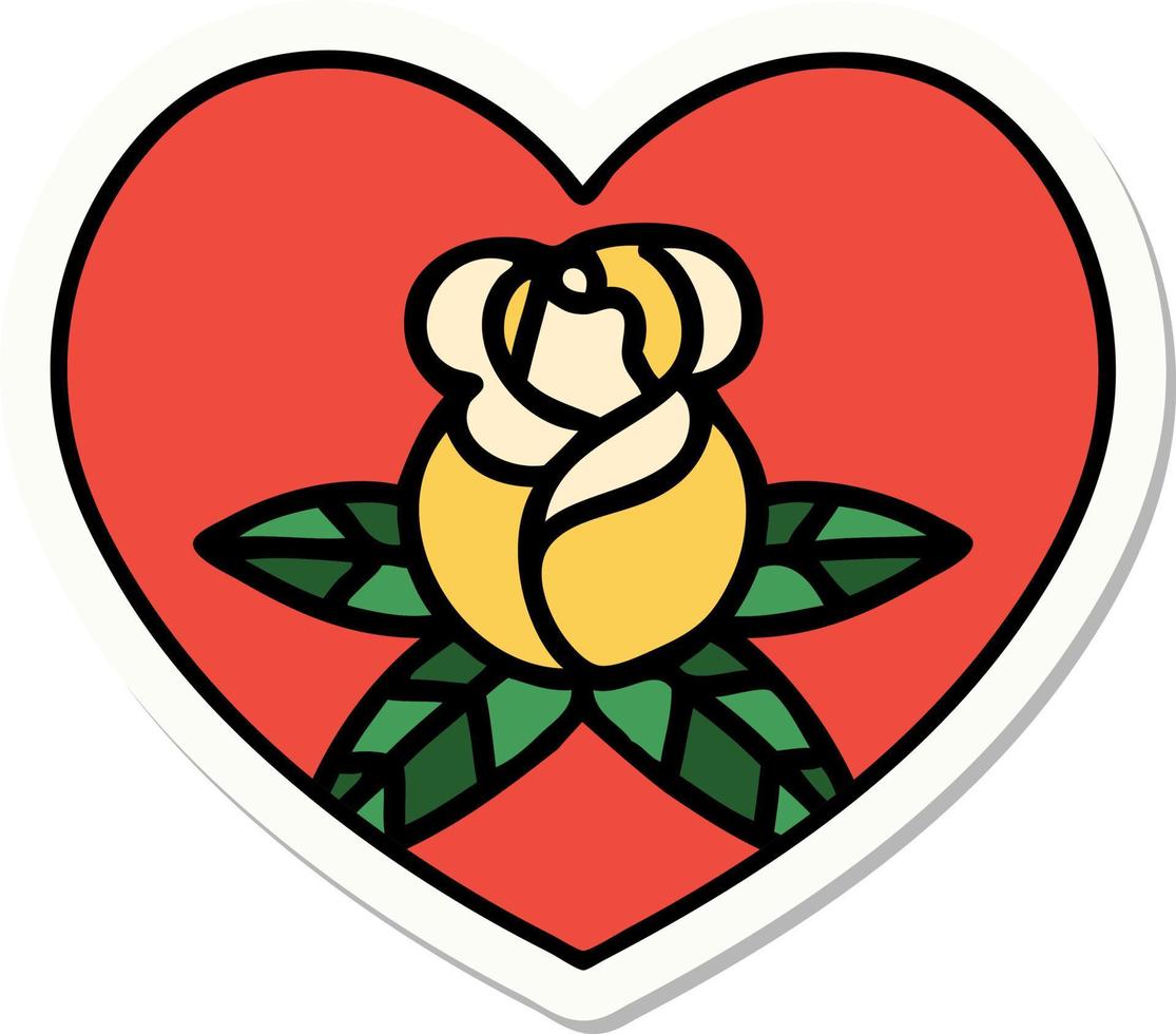 sticker van tatoeëren in traditioneel stijl van een hart en bloemen vector