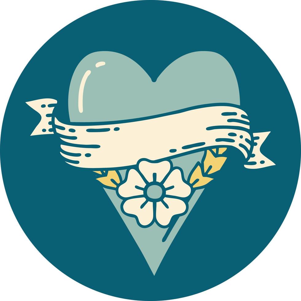 iconisch tatoeëren stijl beeld van een hart bloem en banier vector