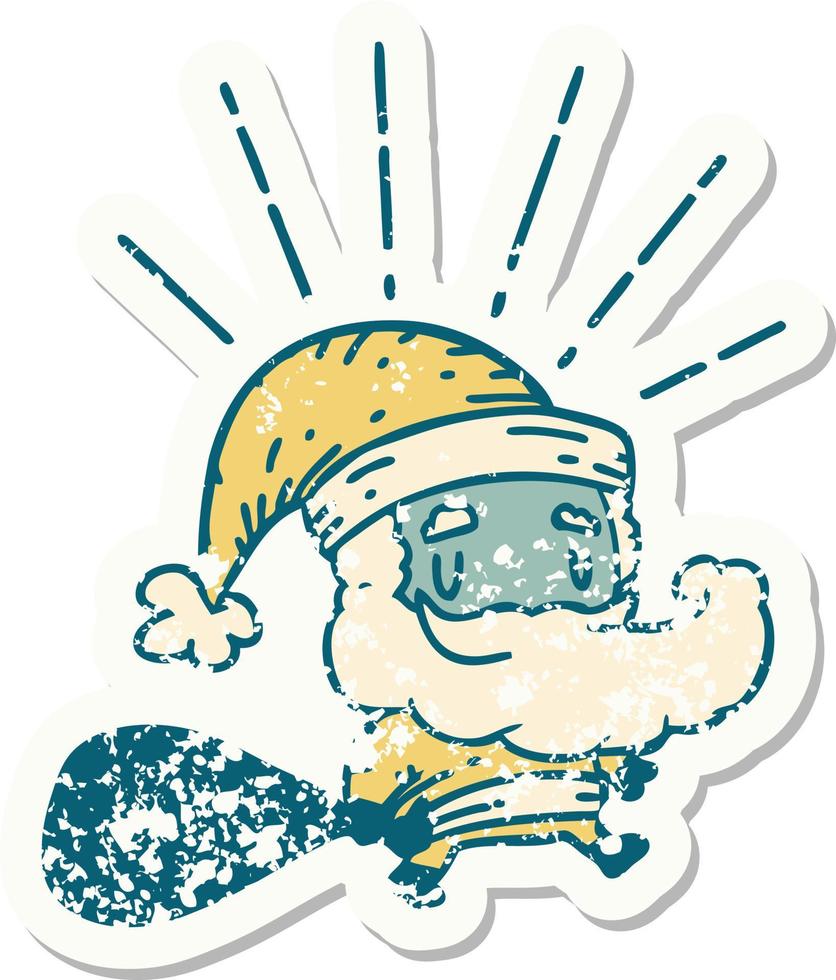 versleten oud sticker van een tatoeëren stijl de kerstman claus Kerstmis karakter met zak vector