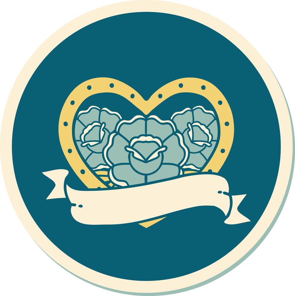 sticker van tatoeëren in traditioneel stijl van een hart en banier met bloemen vector