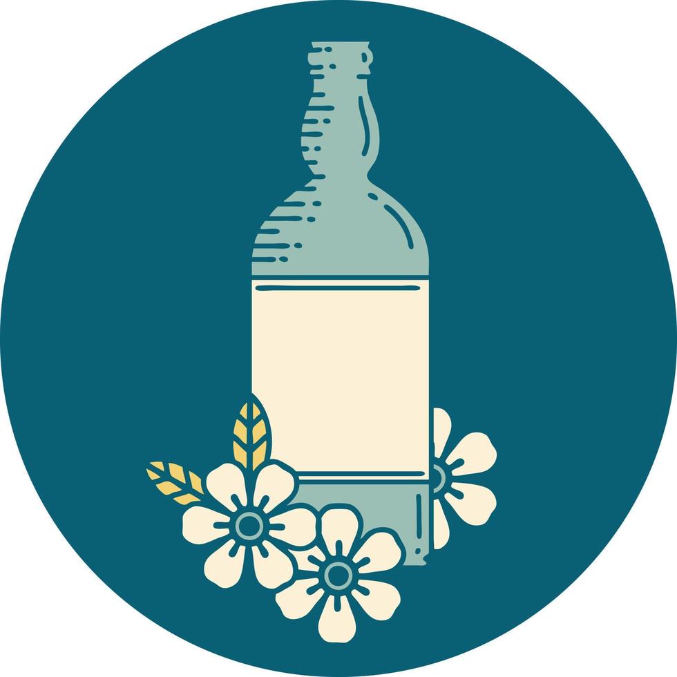 iconisch tatoeëren stijl beeld van een rum fles en bloemen vector