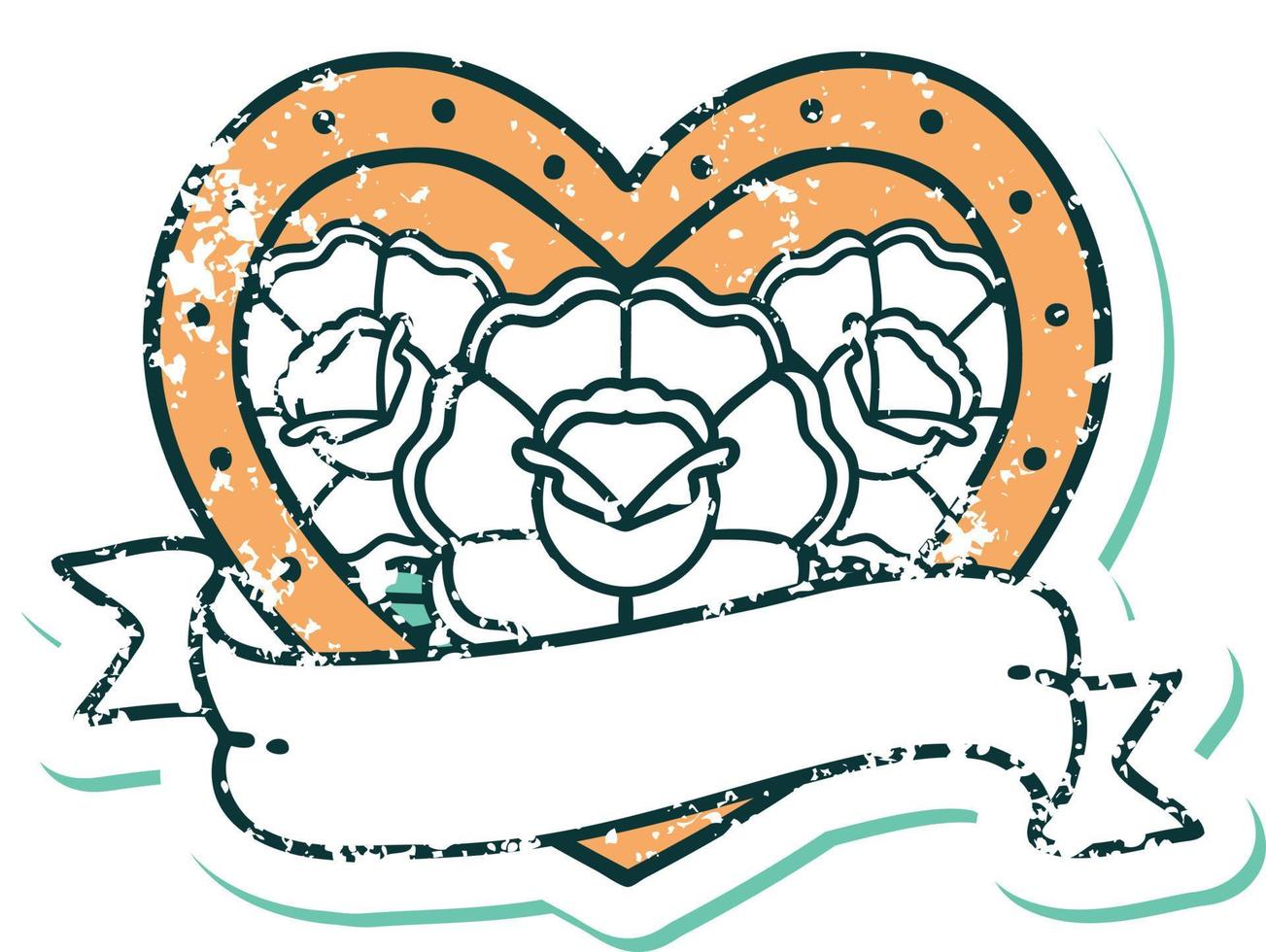iconisch verontrust sticker tatoeëren stijl beeld van een hart en banier met bloemen vector