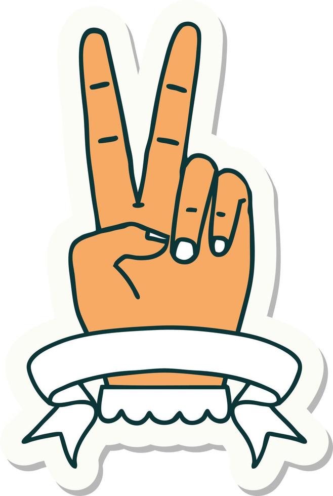 sticker van een vrede twee vinger hand- gebaar met banier vector
