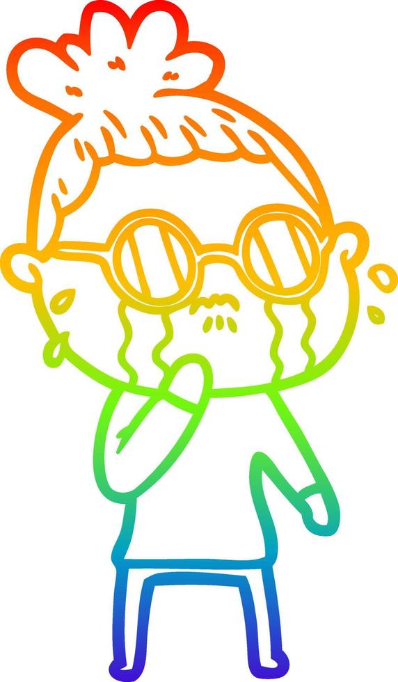 regenbooggradiënt lijntekening cartoon huilende vrouw met bril vector