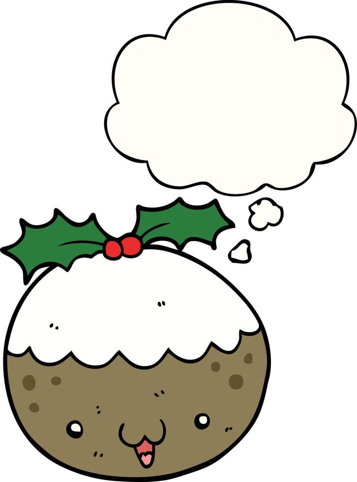 leuke cartoon kerstpudding en gedachte bel vector