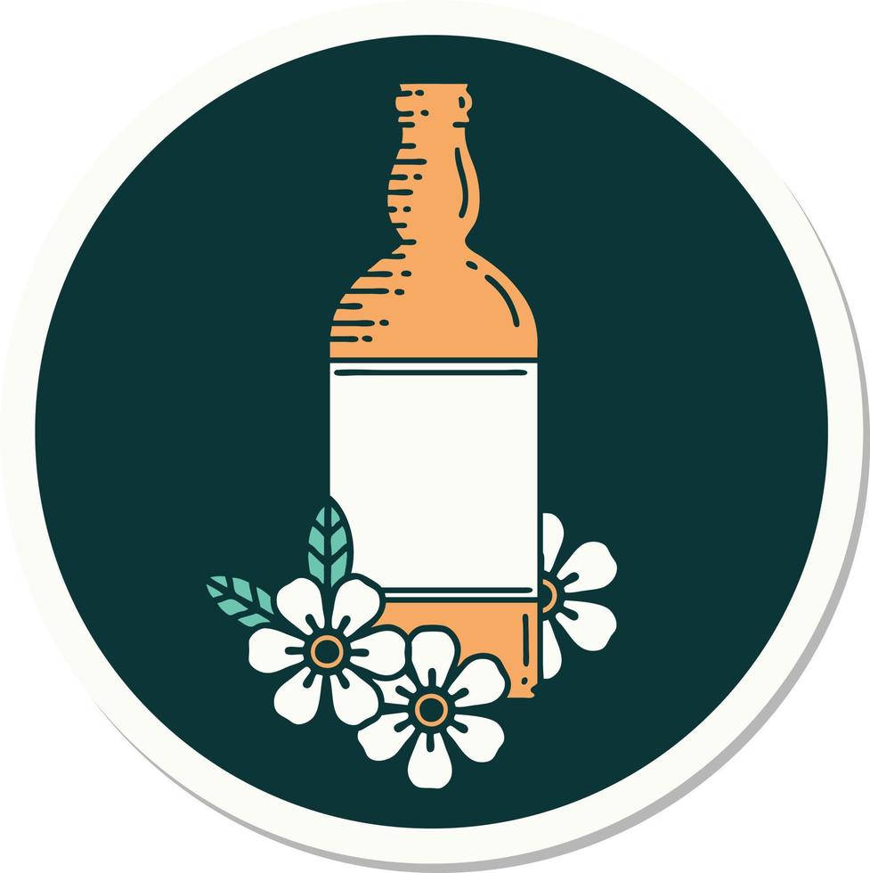 sticker van tatoeëren in traditioneel stijl van een rum fles en bloemen vector