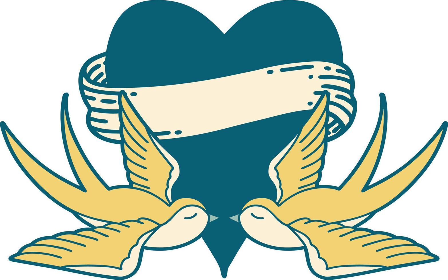 iconisch tatoeëren stijl beeld van zwaluwen en een hart met banier vector