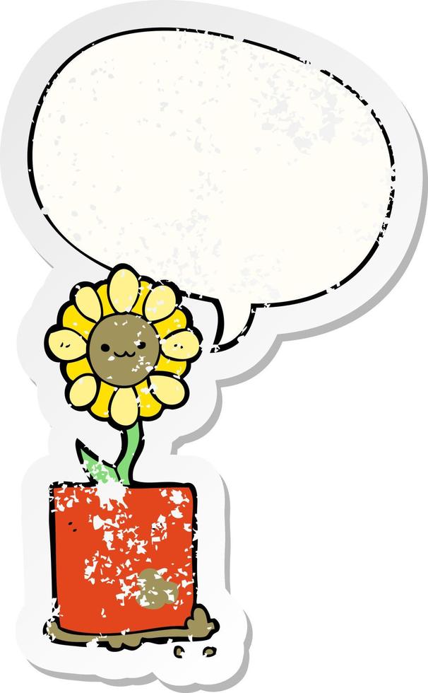 schattige cartoon bloem en tekstballon noodlijdende sticker vector