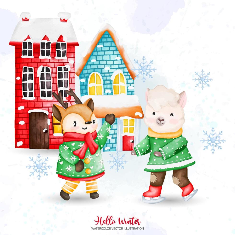 schattig waterverf Kerstmis hert en schapen in winter kleding met huis, waterverf illustratie vector