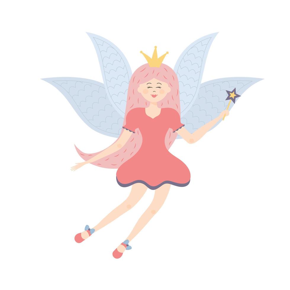 gevleugeld fee prinses met een magie toverstok. schattig fee verhaal karakter. vector