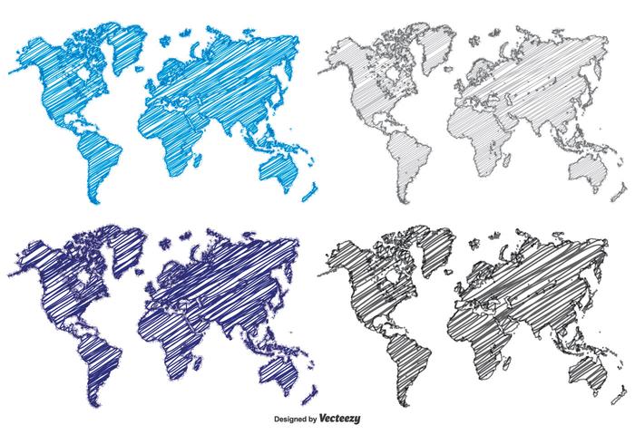 Scribble style wereld kaarten vector