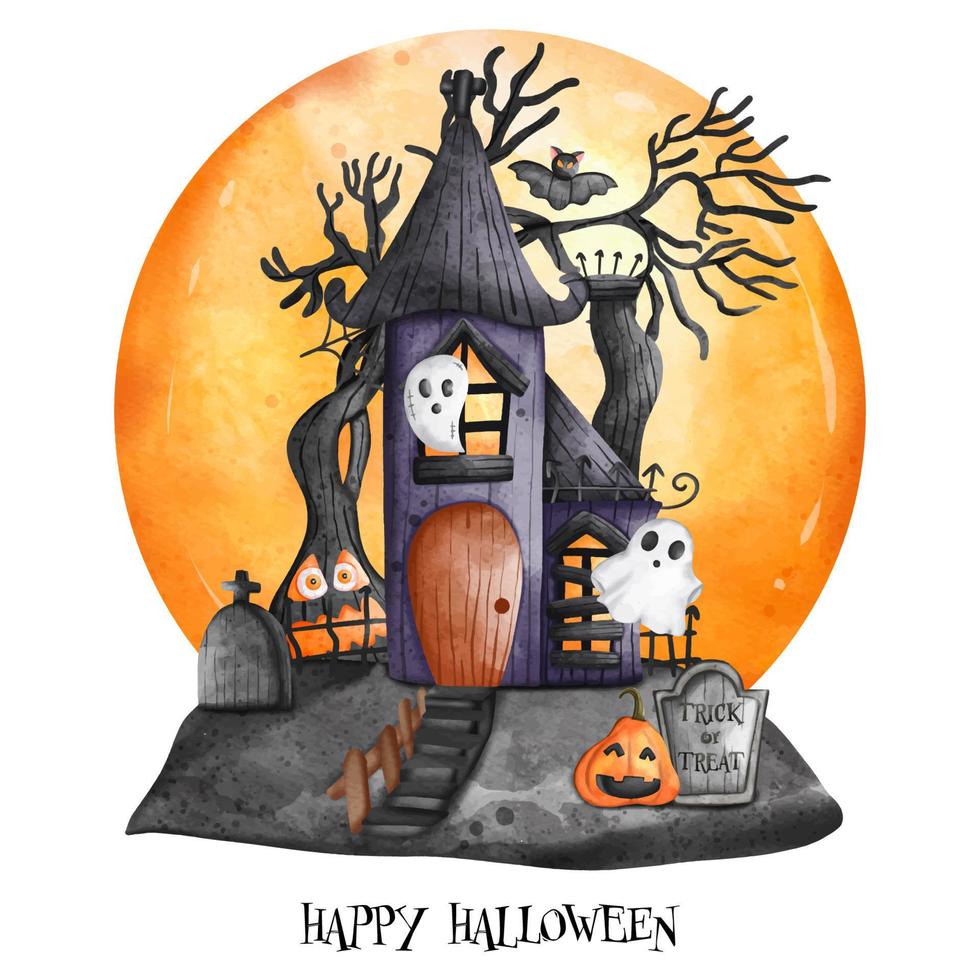 halloween achtervolgd huis met pompoen geest en vol maan. halloween element. halloween decoratie vector