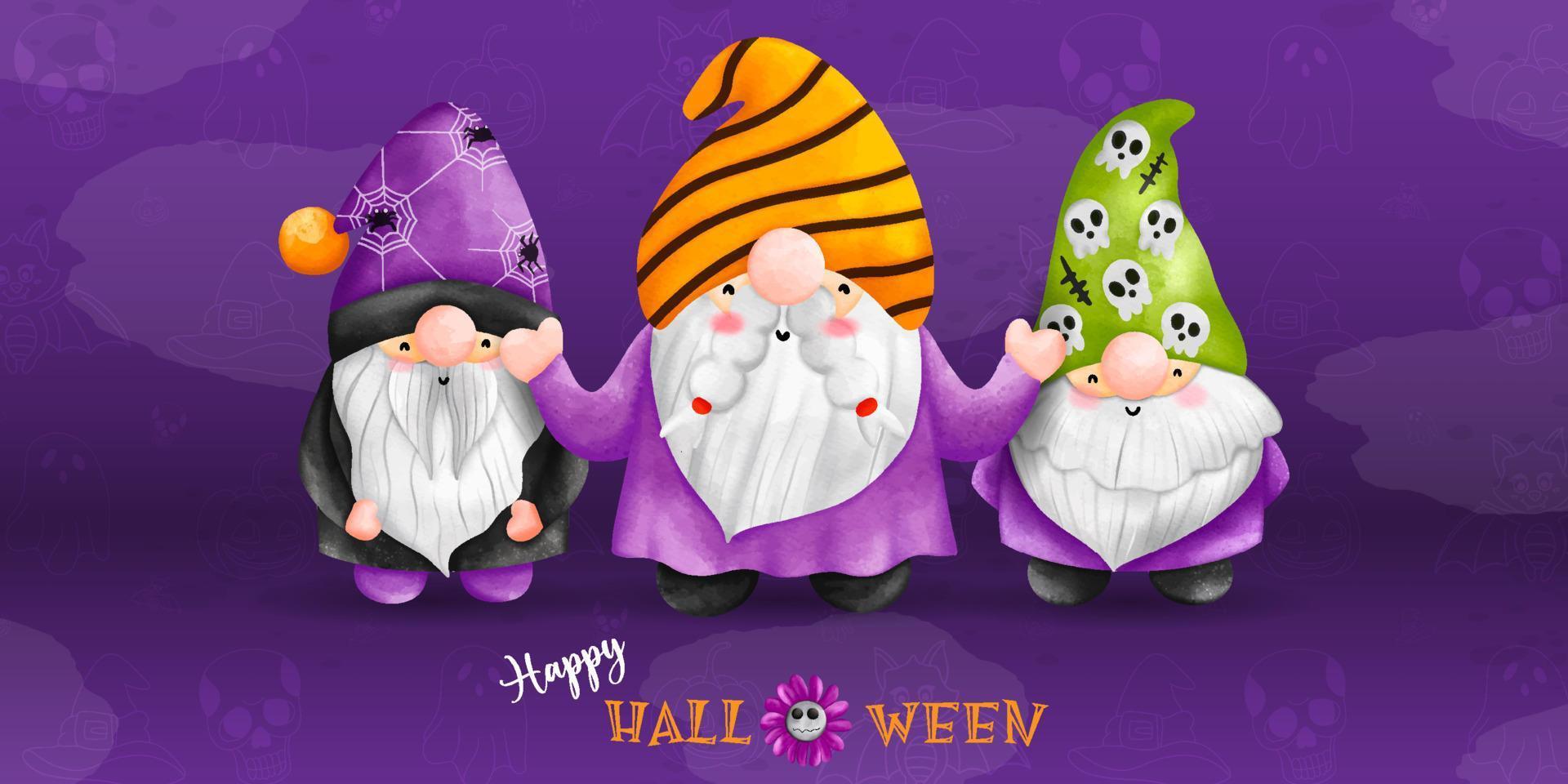 gelukkig schattig halloween kabouter, waterverf illustratie. drie gnoom - dwerg Aan halloween kleren vector