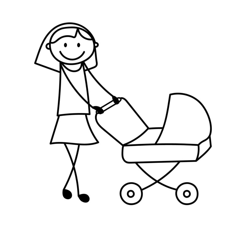 tekening figuur vrouw. schattig stok moeder met baby wandelwagen. vector illustratie geïsoleerd Aan wit