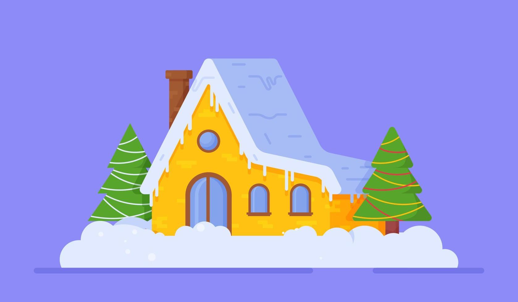 een mooi huis gedekt met sneeuw en gemeubileerd met Kerstmis bomen. vector illustratie van een winter geel huis.