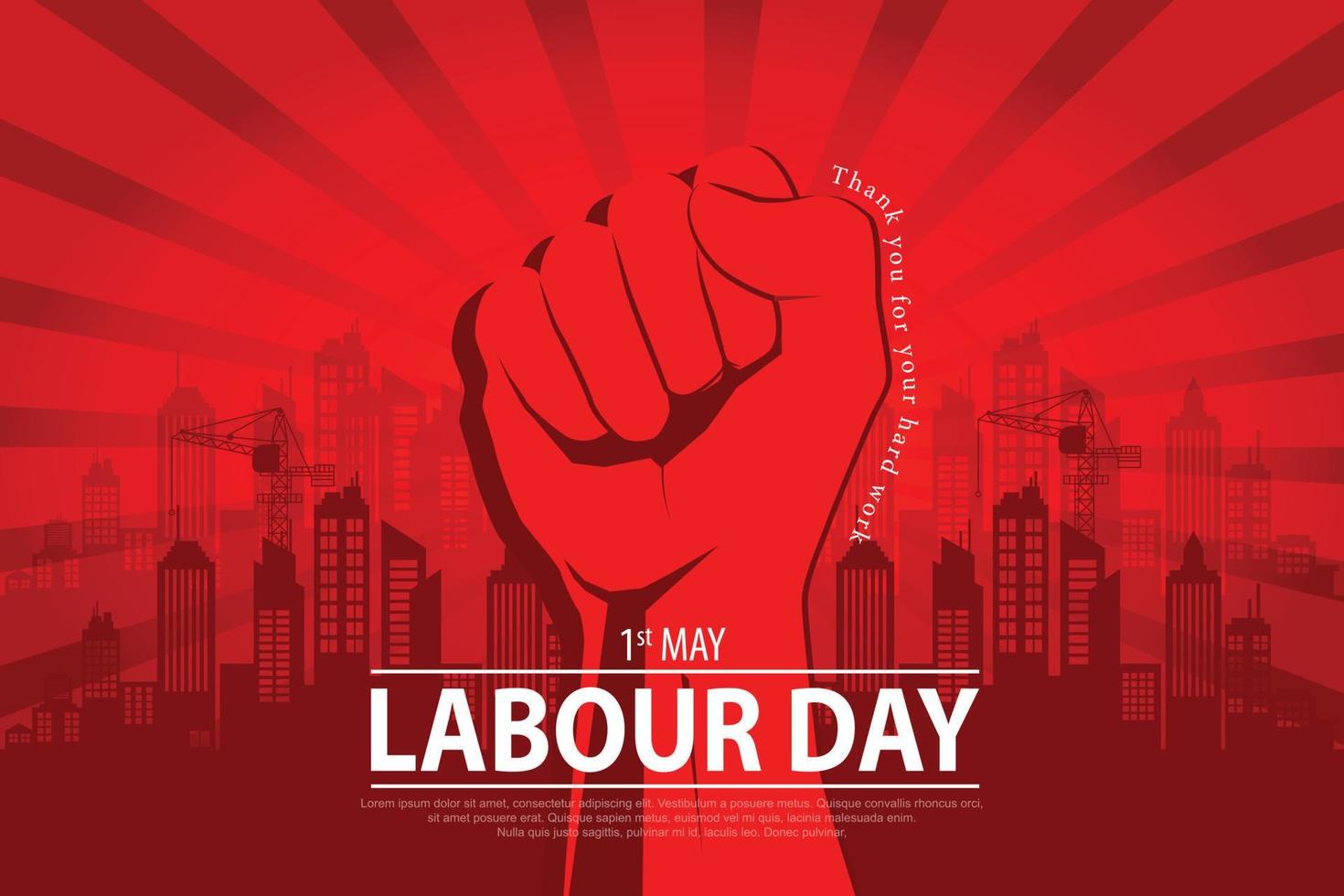 Internationale arbeid dag vector poster. gelukkig arbeid dag. 1e mei met rood hand- Aan rood achtergrond. dank u voor uw moeilijk werk.