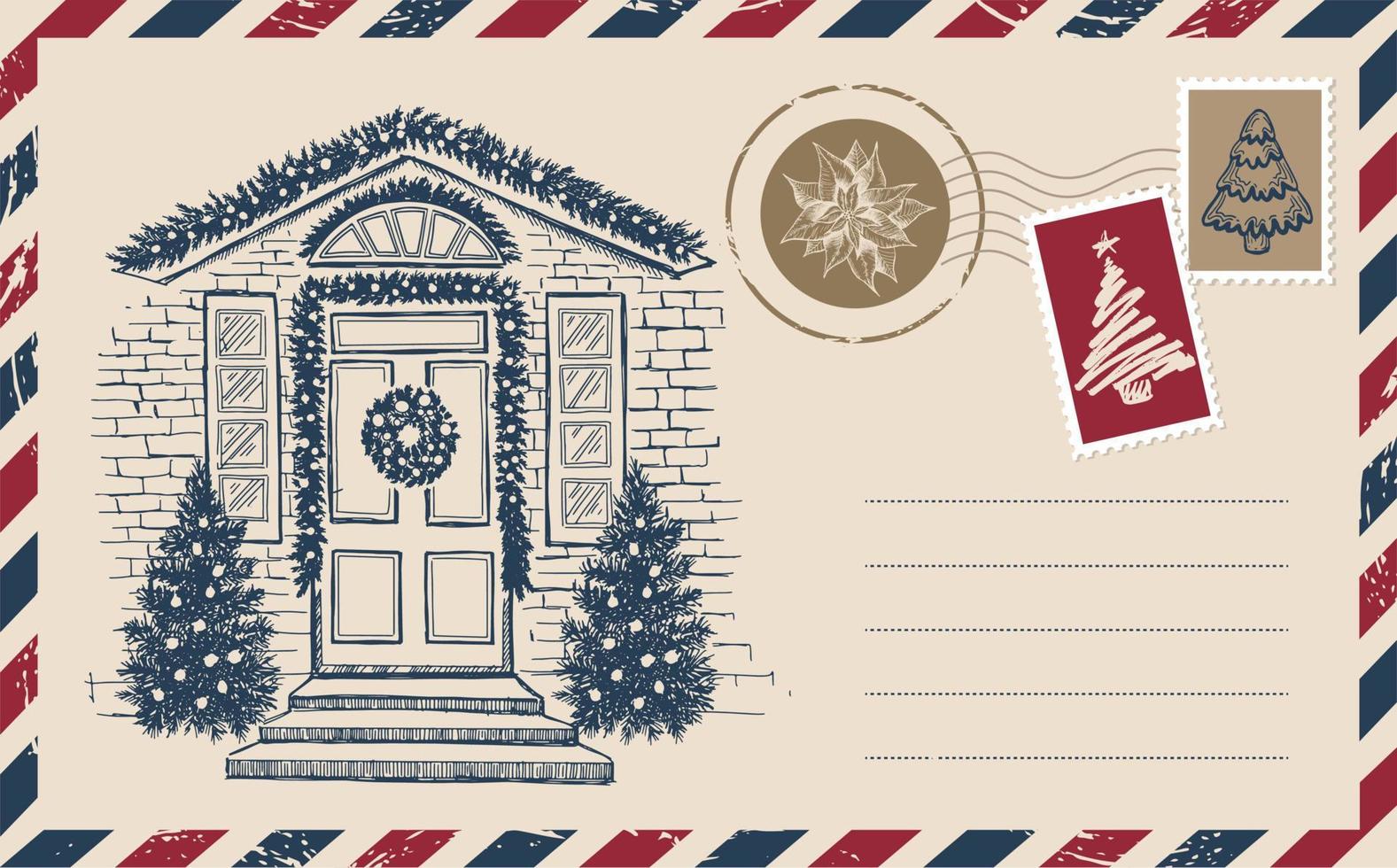 kerstpost, ansichtkaart, handgetekende illustratie. vector