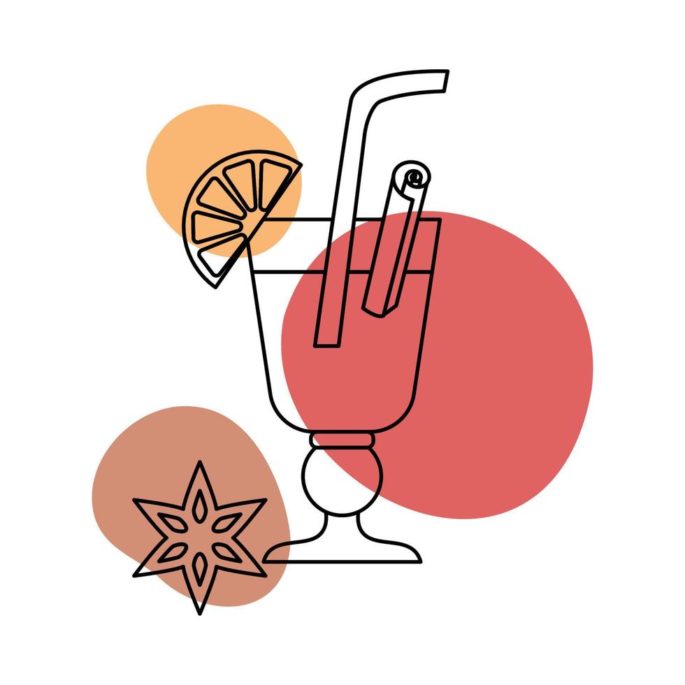 een glas van overwogen wijn lijn kunst met vlekken. vector illustratie