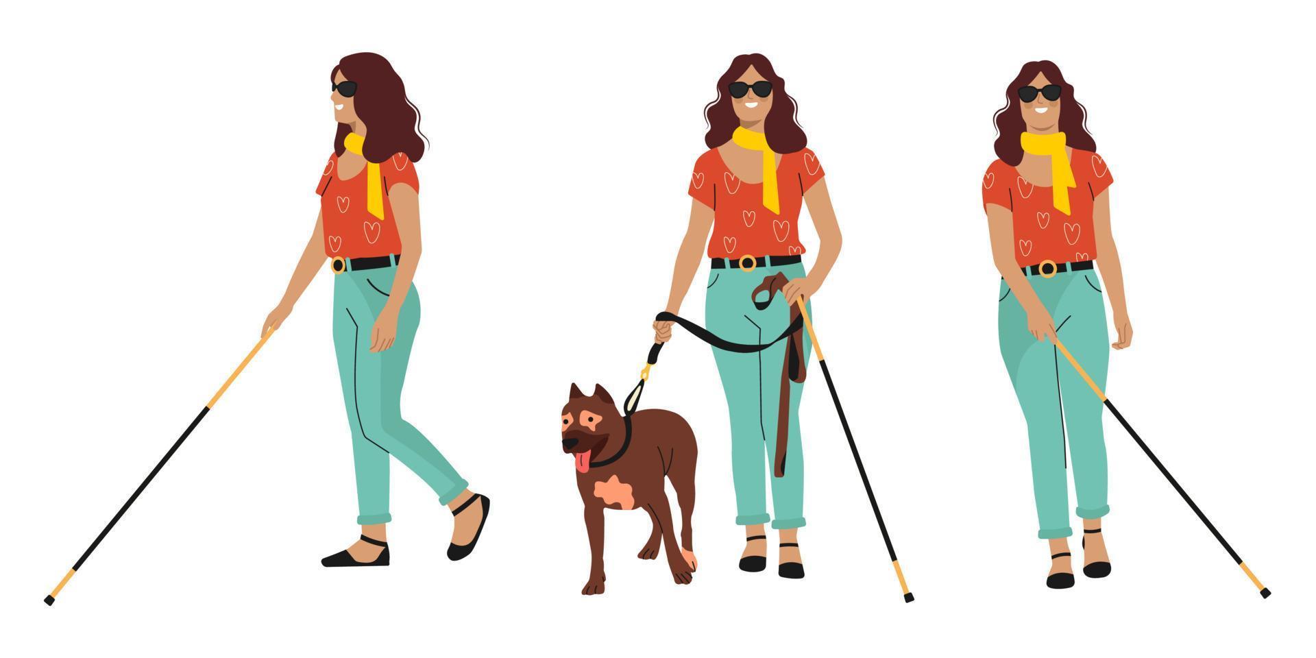 glimlachen speciaal vrouw in donker bril staand met een riet en hond. reeks van poses geïsoleerd Aan wit. mensen met onbekwaamheid, verscheidenheid en inclusie. vector illustratie.