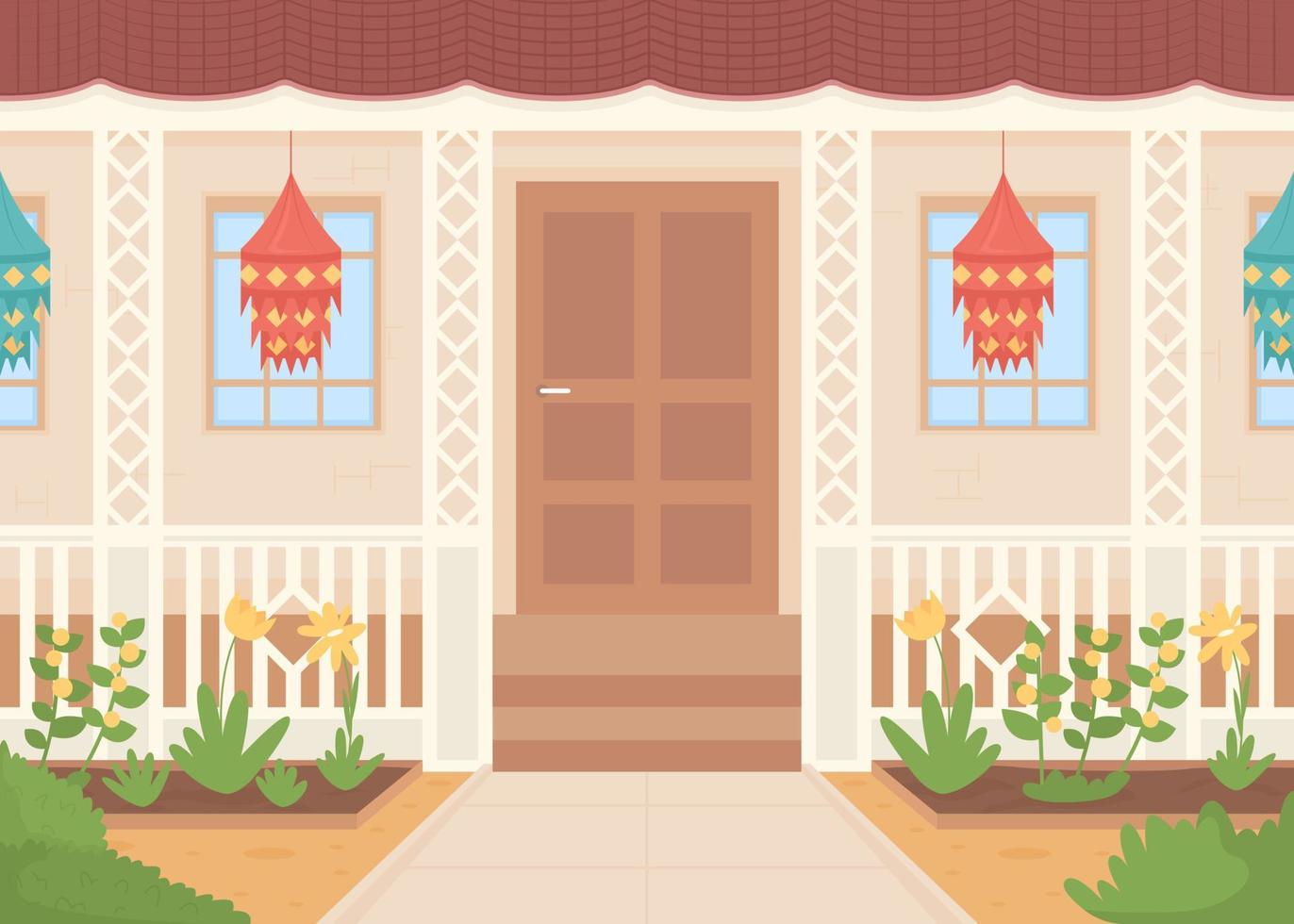 diwali versierd huis vlak kleur vector illustratie. hangende papier lantaarns buiten voor deepavali festival. ten volle bewerkbare 2d gemakkelijk tekenfilm stadsgezicht met huis buitenkant Aan achtergrond