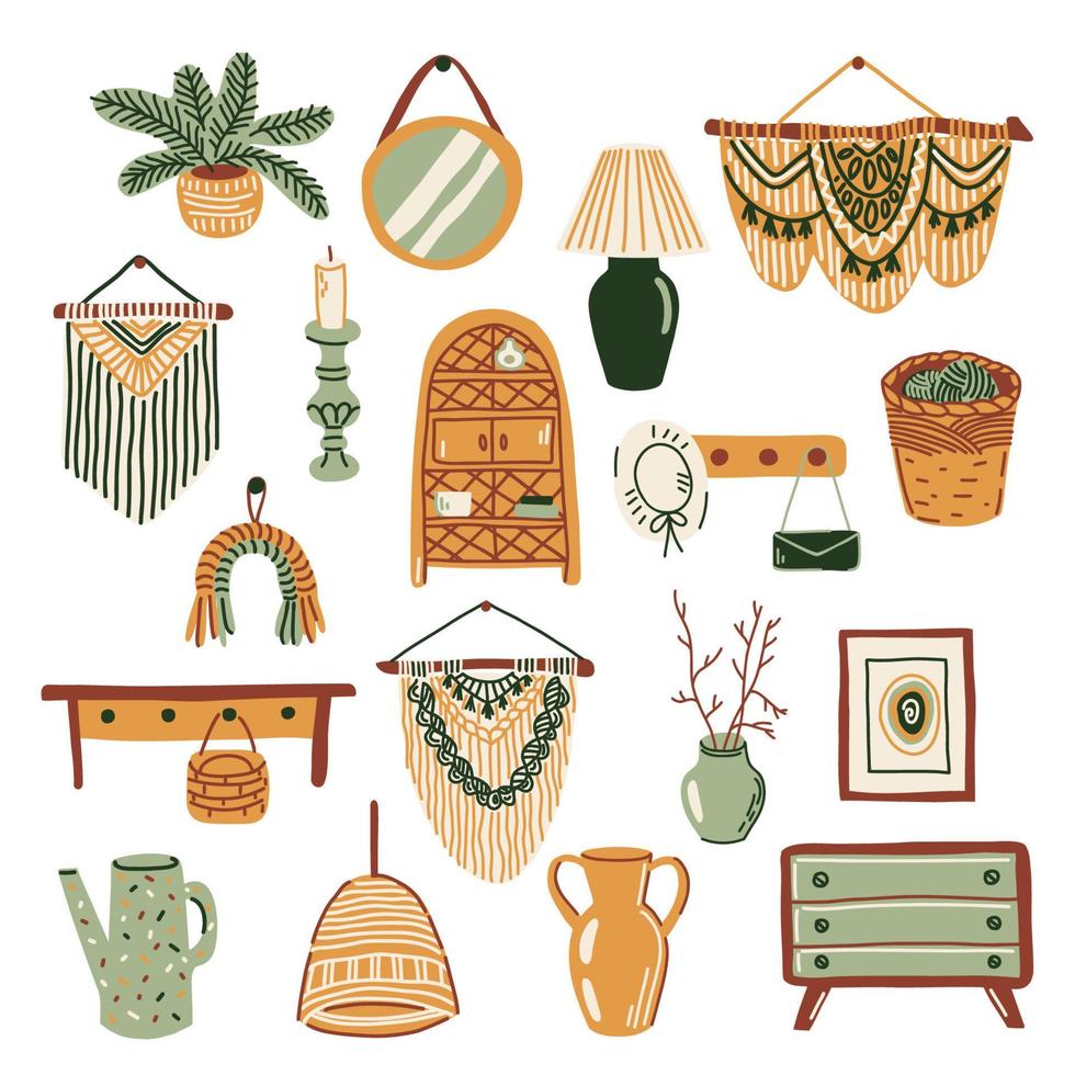 boho stijl interieur decor verzameling. knus huis hand- getrokken reeks van meubilair en accessoires. vlak vector illustratie