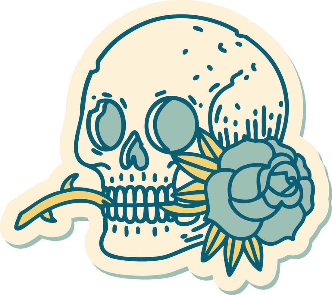 sticker van tatoeëren in traditioneel stijl van een schedel en roos vector