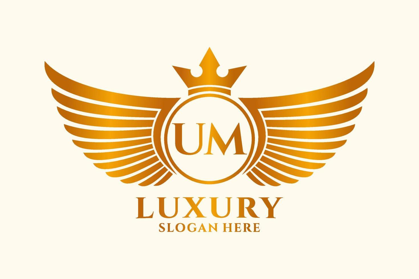 luxe Koninklijk vleugel brief um kam goud kleur logo vector, zege logo, kam logo, vleugel logo, vector logo sjabloon.