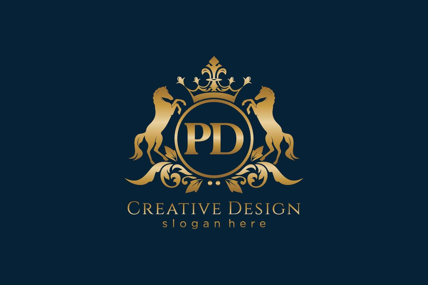 eerste pd retro gouden kam met cirkel en twee paarden, insigne sjabloon met scrollt en Koninklijk kroon - perfect voor luxueus branding projecten vector