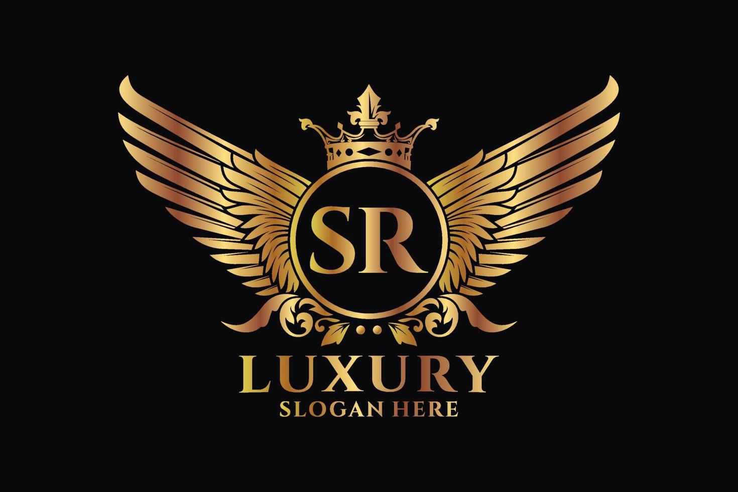 luxe Koninklijk vleugel brief sr kam goud kleur logo vector, zege logo, kam logo, vleugel logo, vector logo sjabloon.