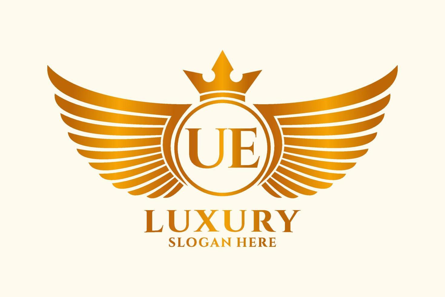 luxe Koninklijk vleugel brief ue kam goud kleur logo vector, zege logo, kam logo, vleugel logo, vector logo sjabloon.