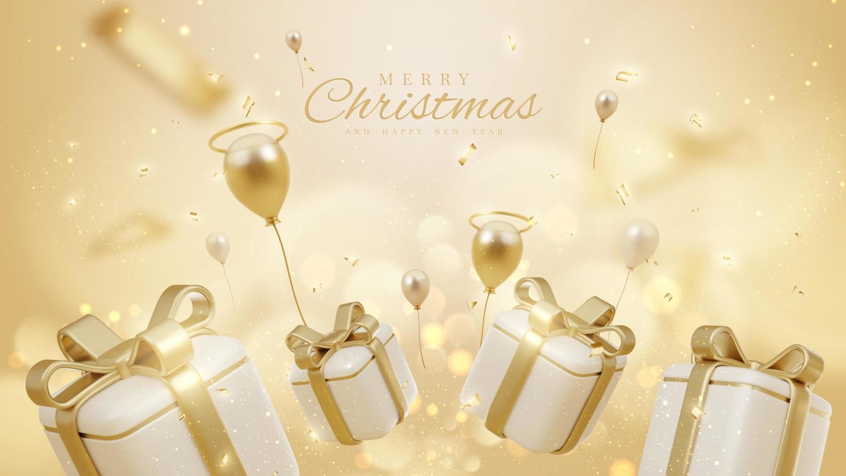 Kerstmis achtergrond met geschenk doos elementen en goud ballonnen met bokeh decoraties en sprankelend licht effect. 3d realistisch luxe concept. vector illustratie.