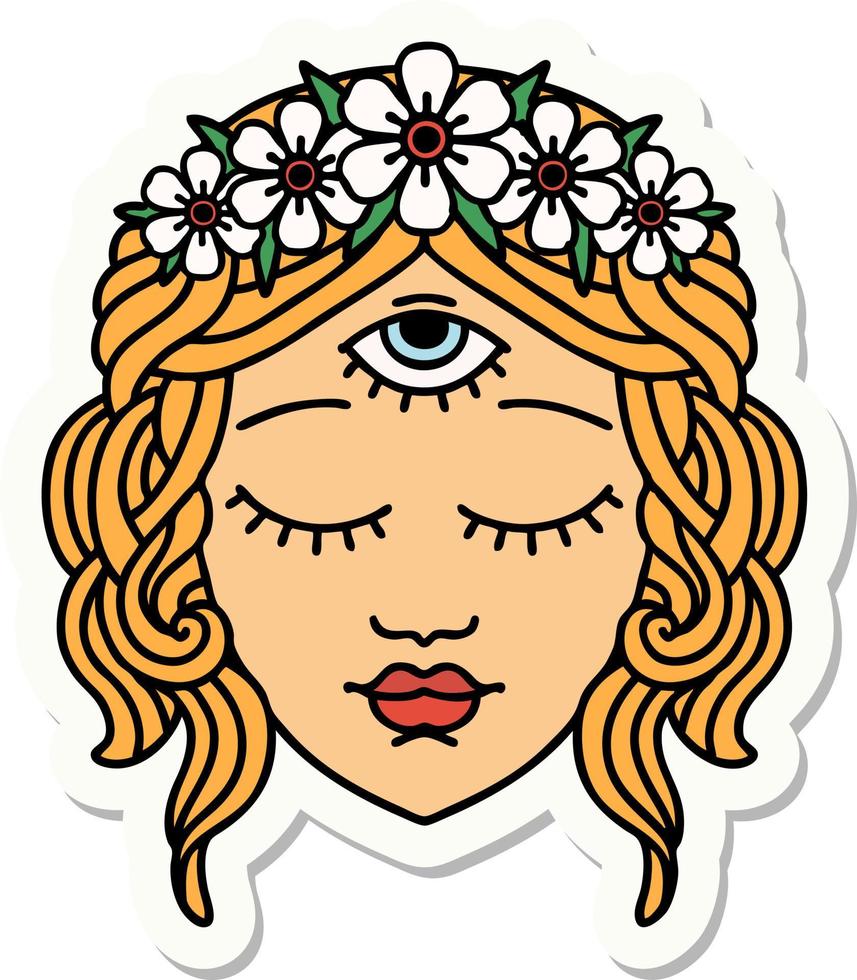 sticker van tatoeëren in traditioneel stijl van vrouw gezicht met derde oog en kroon van bloemen vector