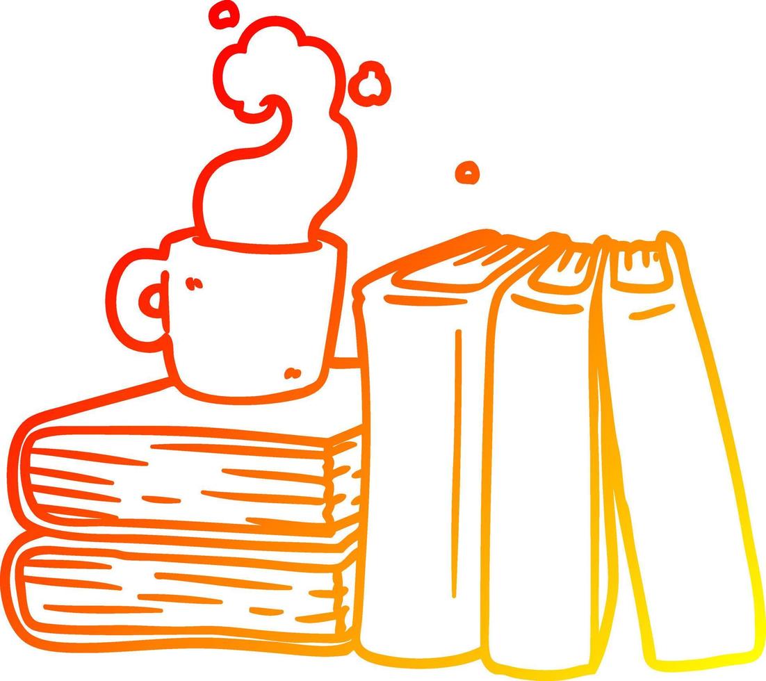warme gradiënt lijntekening cartoon koffiekopje en studieboeken vector